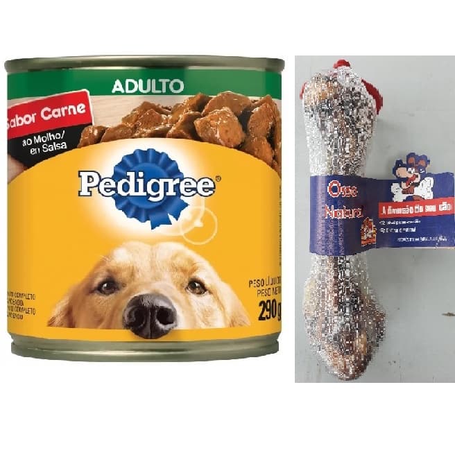 Ração Pedigree Carne Lata 280g + Mordedor Brinquedo Osso Natural Femur suino defumado