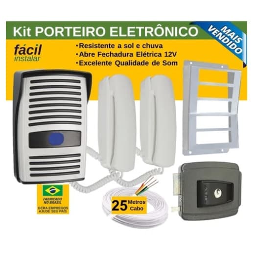 Kit Interfone Porteiro Eletrônico + Capa de aço + cabo 25m + Fechadura AGL-inha + Monofone