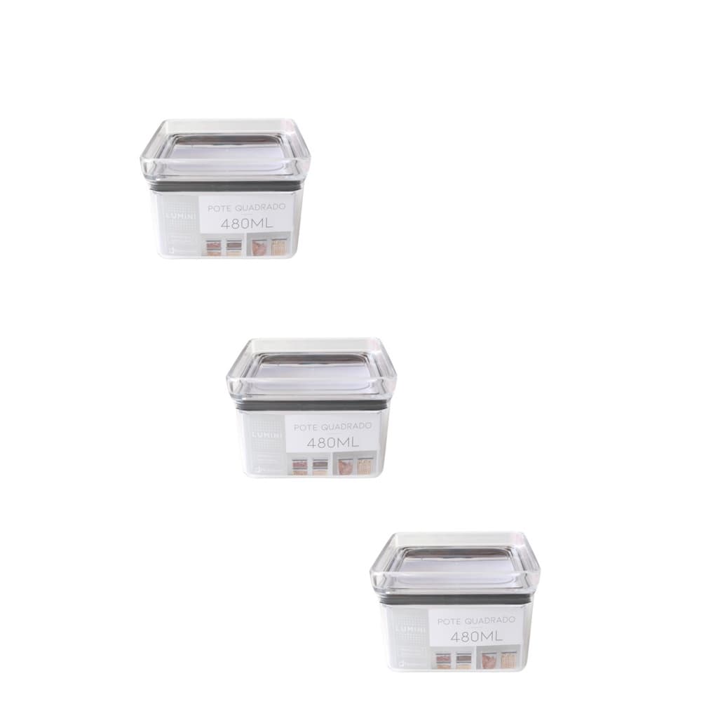 Pote Hermético Vedado Kit 3 Unidades 480ml Lumini Quadrado Para Geladeira Armário Porta Alimentos Marmitinha Utilidades