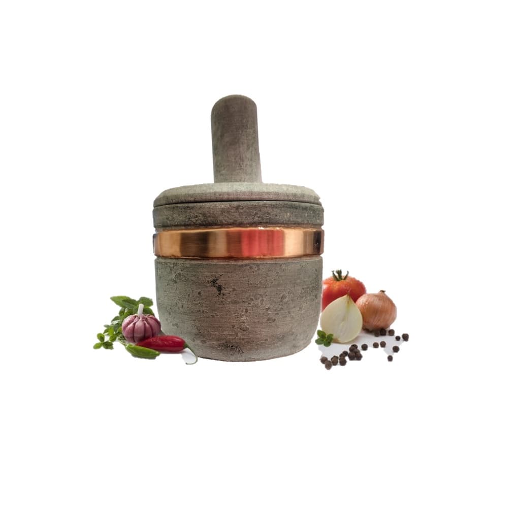 Pilão/Socador de Alho Pedra Sabão com Tampa e Decorado com Cobre