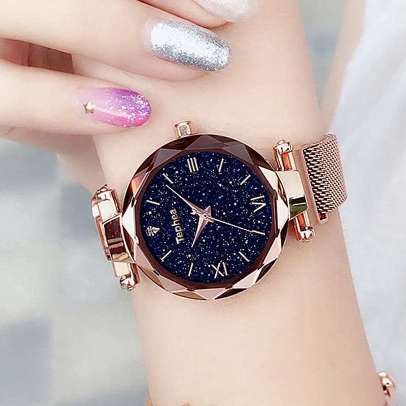 Relógio Feminino Céu Fundo Brilhante Strass Pulseira Imã Luxo Várias Cores