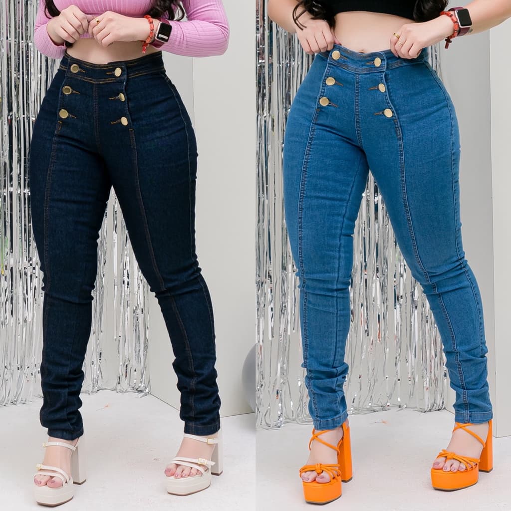 Calça Jeans Feminina Luxo Clara Com Botões Slim Lançamento Jeans Escuro