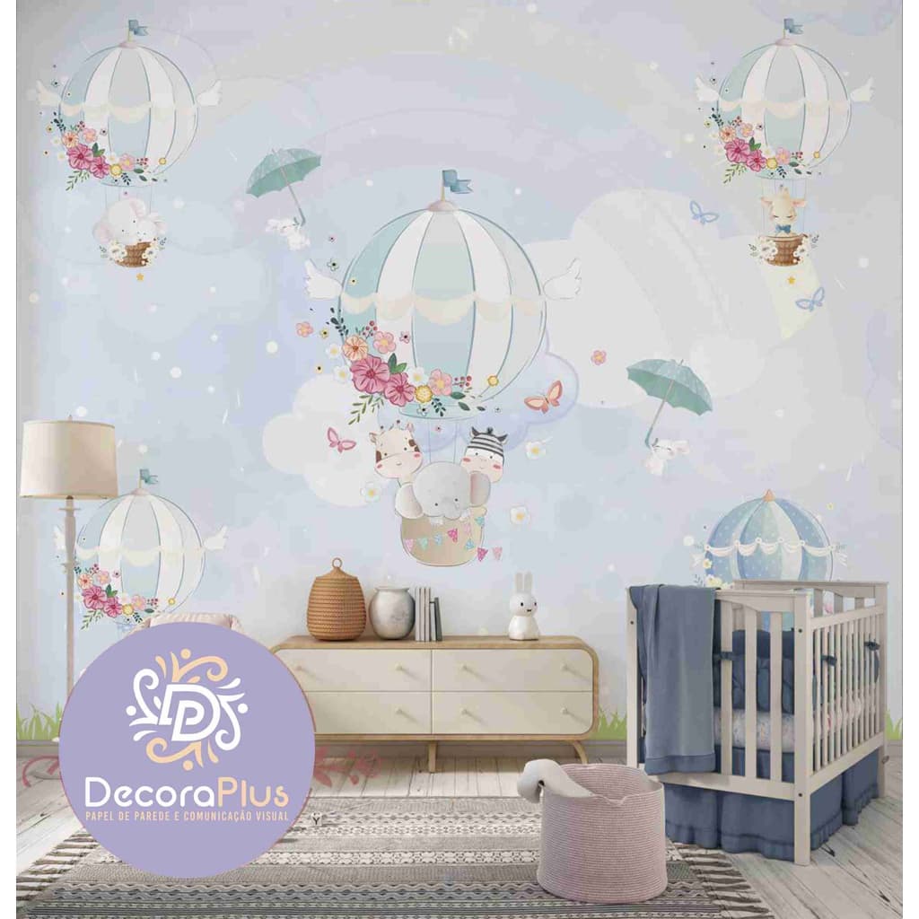 Papel De Parede Foto Mural Inteira Personalizado Infantil Balão Mágico Paisagem Safari Com Balões
