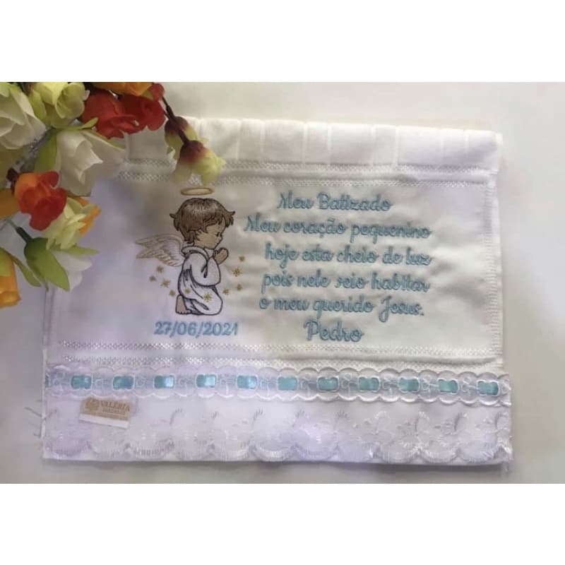 Toalha para batizado batismo eucaristia bordada e personalizada para lembrancinha e presente