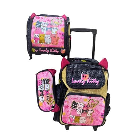 Kit Mochila Escolar de rodinhas + lancheira térmica + estojo Infantil GATINHOS - Happy Girl - CHENSON