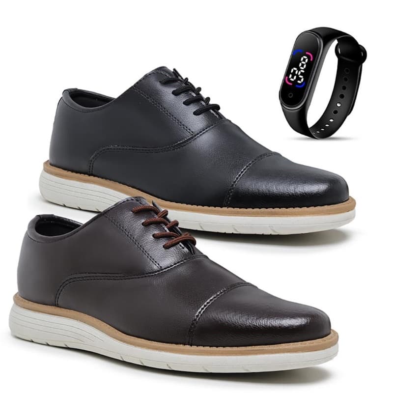 Kit 2 Pares De Sapato Masculino Oxford Brogue Inglês Moderno Elegante de Couro Elegante + Relógio