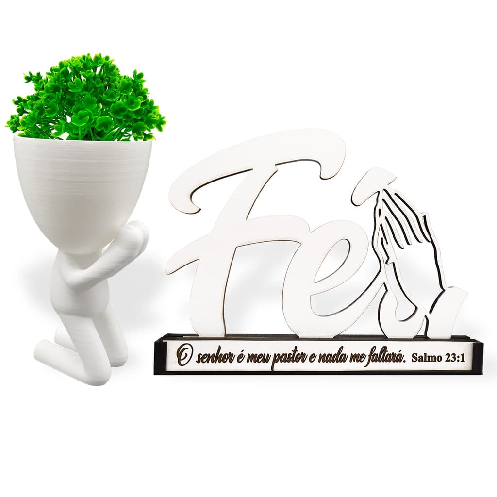 Vaso Orando, Palavra Fé com Frase e Planta Pick - Decoração Sala Estante