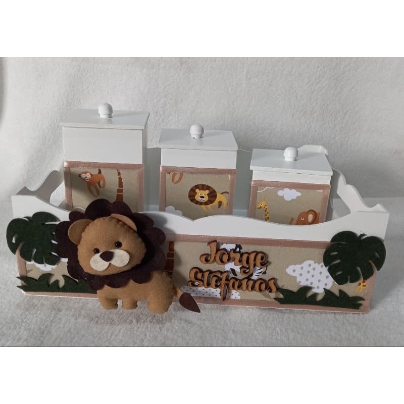 kit higiene bandeja 3potes safari baby bege leao