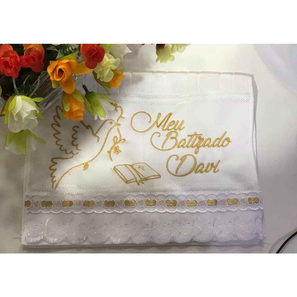 Toalha para batizado batismo eucaristia bordada e personalizada para lembrancinha e presente