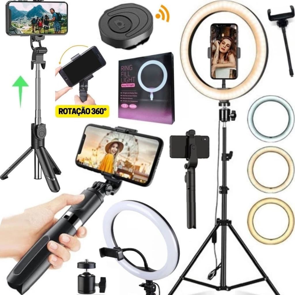 Kit Gravação Ring Light Luz Tripé Bastão Suporte Celular Controle Bluetooth Foto Video