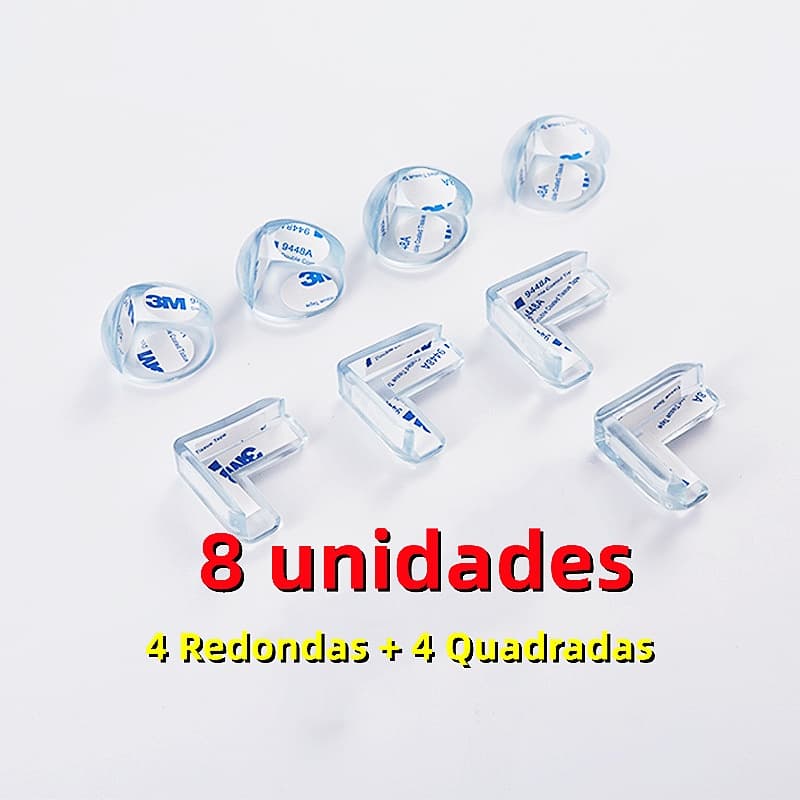 Protetor Quina De Mesa 8 Unidades Em Silicone Com Adesivo 4 Redondas + 4 Quadradas