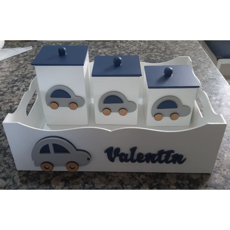 kit higiene bandeja 3potes em mdf meio de transporte carrinho