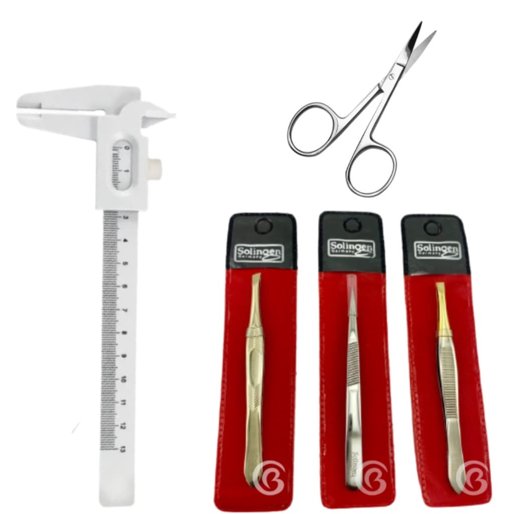 Kit Design De Sobrancelha Micropigmentação Paquímetro Com Trava  + Tesourinha + 3 Pinças Solingen
