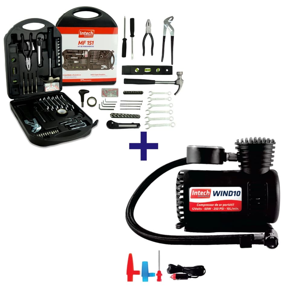 Kit Ferramentas Com Maleta 151 Peças + Mini Compressor de Ar Elétrico Portátil 10L WIND10 Intech Machine Compacto