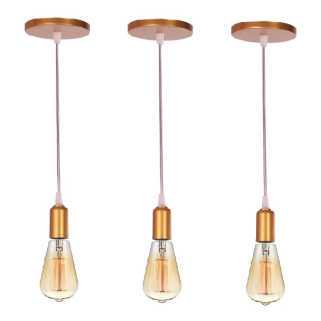 Kit 3 Pendente Lustre Luminária Retrô Fio Cabo Simples Rose Gold Industrial E27