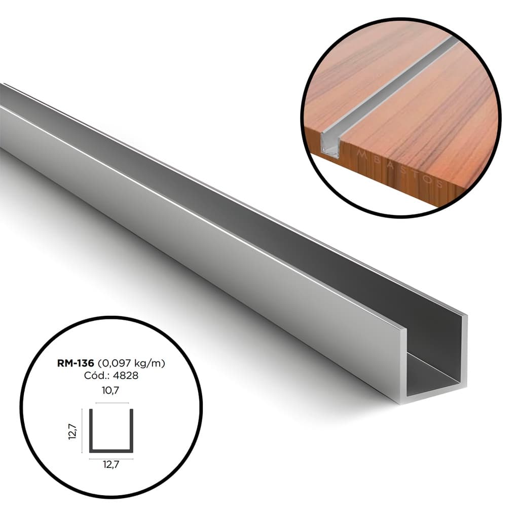Trilho U Canaleta de Embutir para Porta de Correr RM-136 Guarda Roupa 2 Metros Rometal (Cortado em Duas Barras de 1 Metro)