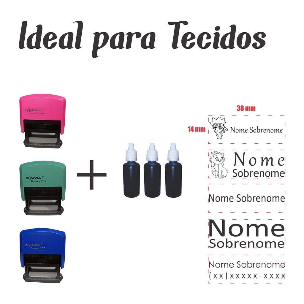 3 Carimbos Automáticos p/ marcar Tecidos  + 3 Tintas Tecido