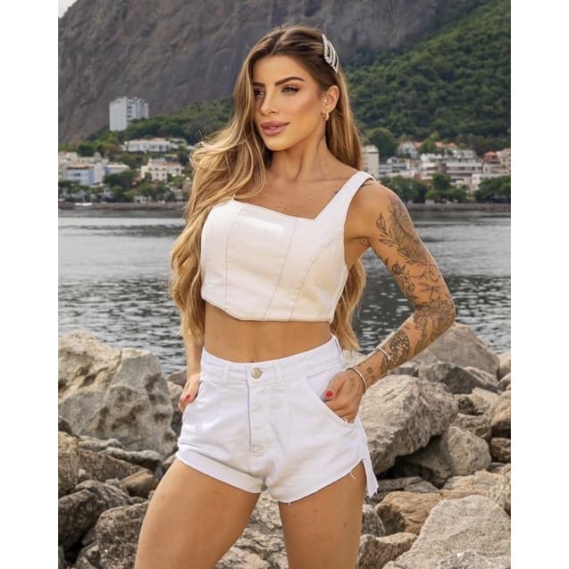 ☀️Short  white alma carioca. Short jeans feminino branco moda blogueira