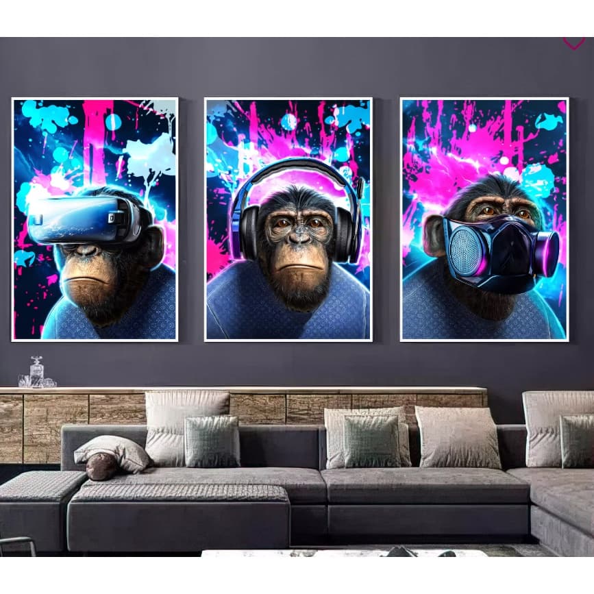 Quadro decorativo 3 telas Macacos Arte cego surdo e mudo