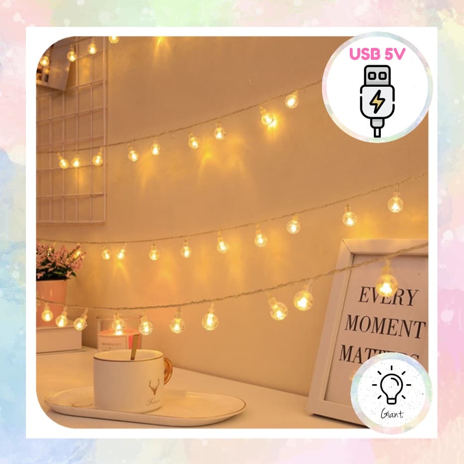 Varal 40 Bolinha Cristal LED Cordão 4 metros Luz Amarela Fixa / Parada USB 5v Decoração e Natal Festas Eventos Casa Casamento Aniversário Quarto Boho Luxo
