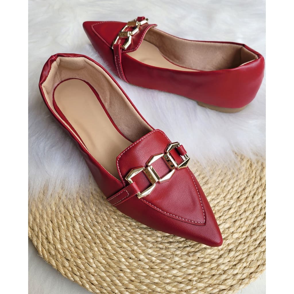 Sapatilha Mocassim Feminino Bico Fico Confortável Elegante Bordo, Preto Com Corrente Dourada Rasteirinha Feminina