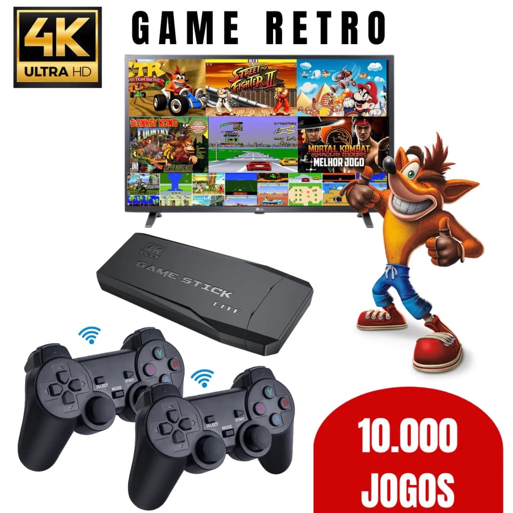 Vídeo Game Retro Console Stick Box 4k 2 Controles Sem Fio 64gb 4g Gamepad Wirelless