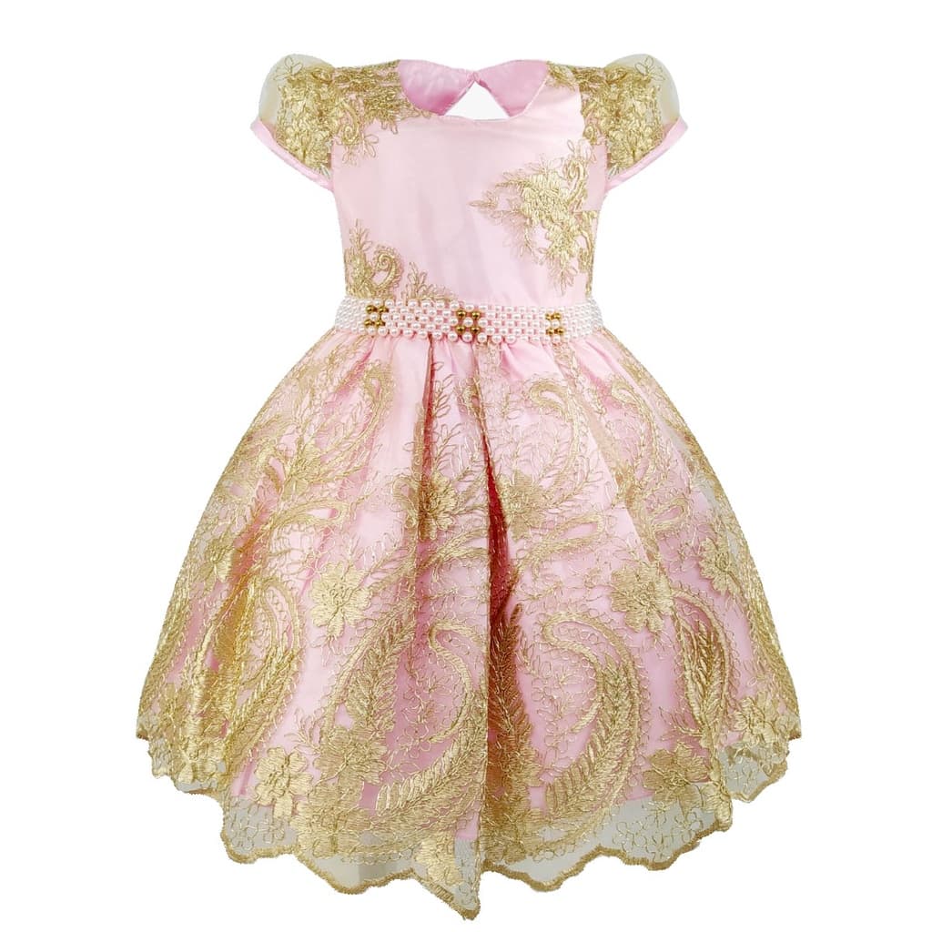 Vestido Luxo Infantil Rosa Renda Dourado Casasamento Festa