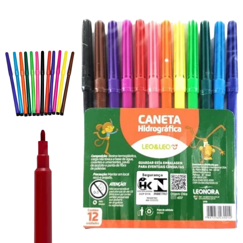 Canetinha Hidrográfica c/ 12 un cores diferentes Leo&Leo