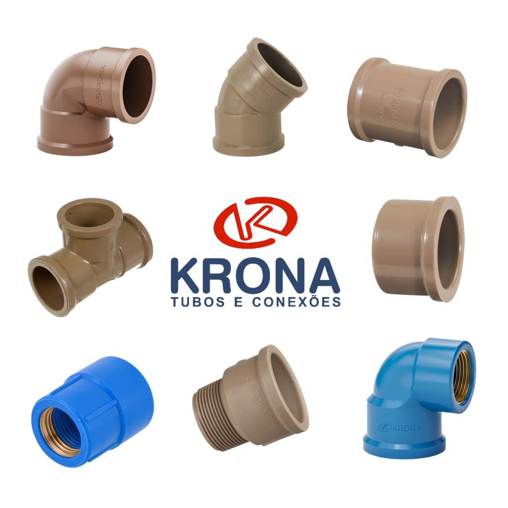 Conexões de Água KRONA 3/4 (MARROM/AZUL) 25MM - Joelho 90° e 45°, Luva (marrom), Tee, Adpatador, Caps, Luva (azul), Curva 90° (Azul)