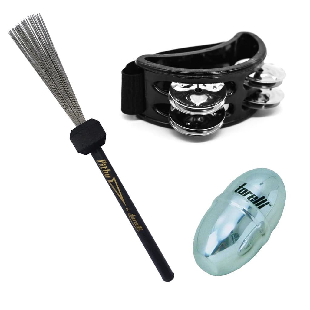 Vassourinha para Cajon Aço + Pandeirola de Pé + Ovinho Ganzá Torelli Kit Percussão Cajon