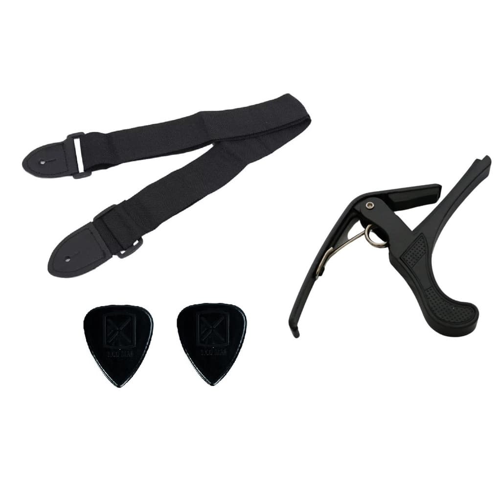Correia Violão Guitarra Ukelele + Capotraste + Palheta Preta