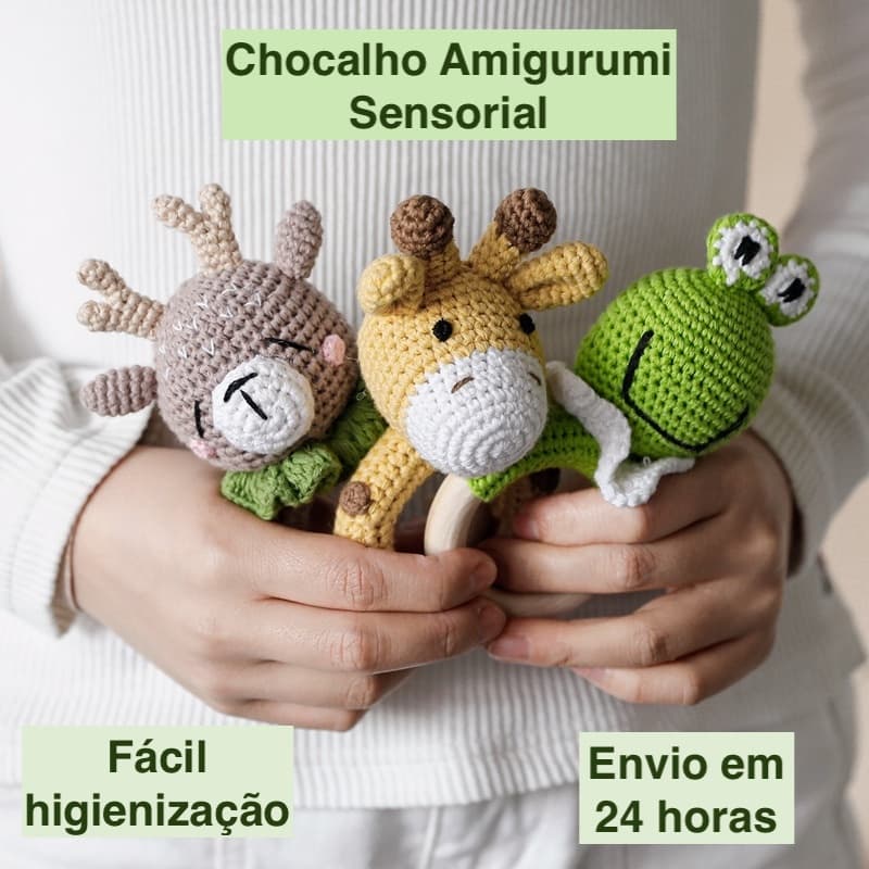 Mordedor e chocalho de madeira e crochê - chocalho  montessori, crochê e silicone; brinquedo para bebê