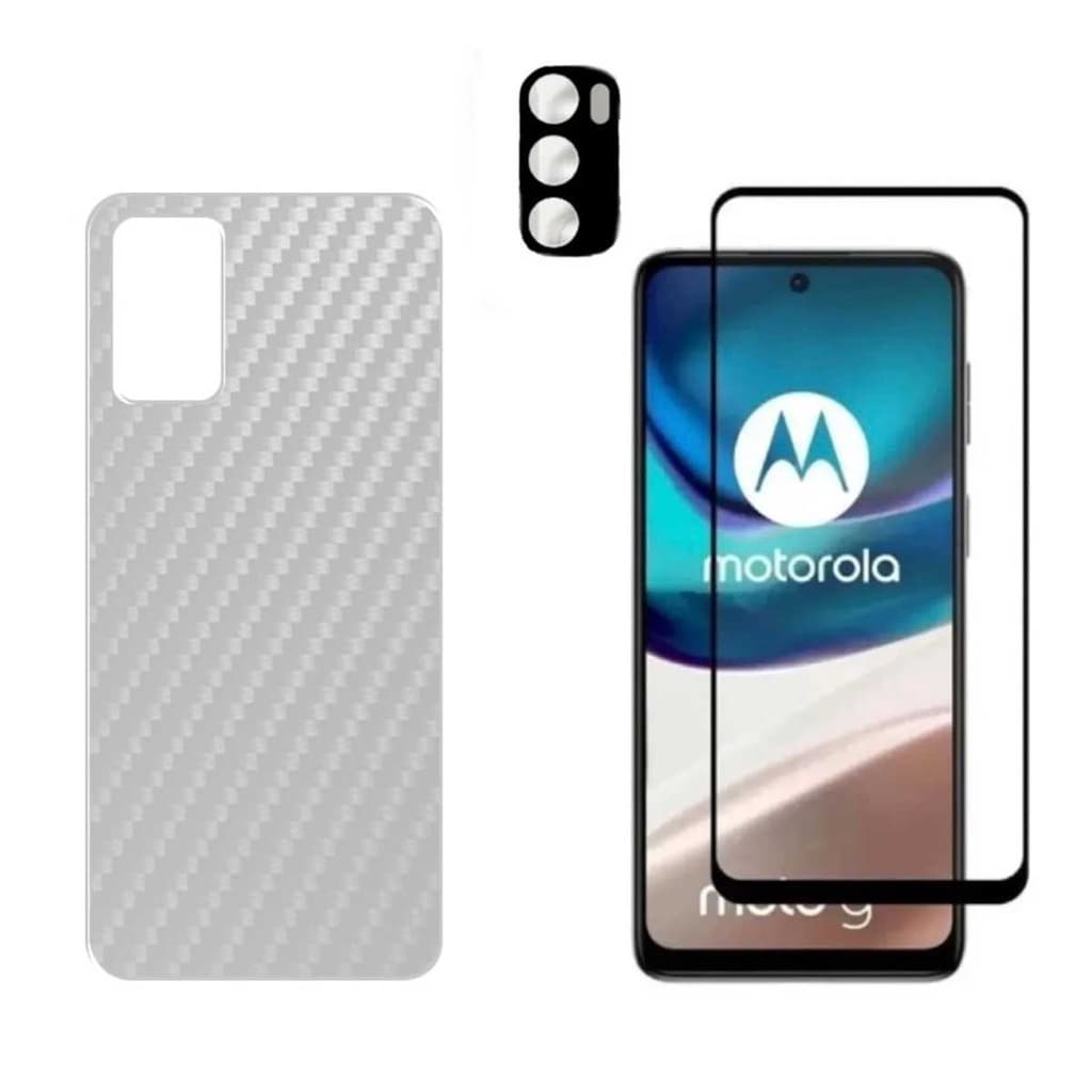 Kit 3x1 Película Frontal 3D Vidro Moto G42 + Película Traseira Fibra + Película de Câmera