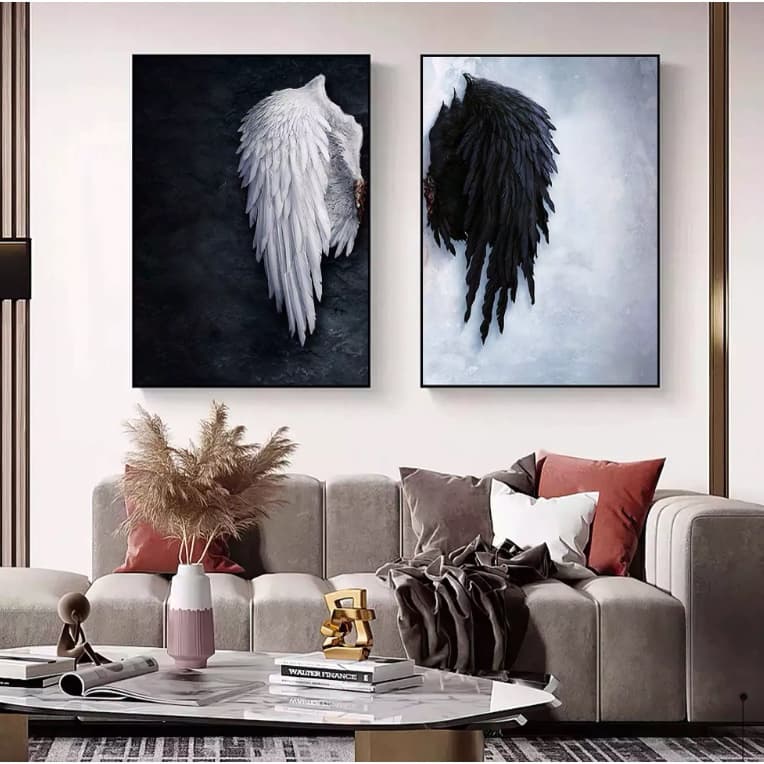 Quadro decorativo 2 telas Asas preto e branca