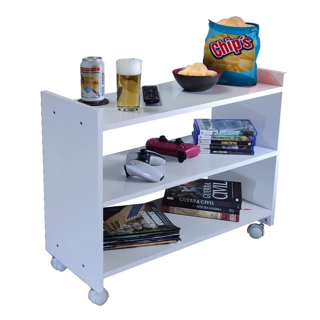 Mesa De Apoio 3 Prateleiras e Rodízios - Acomode bebidas, petiscos, jogos, livros e revistas! Bella