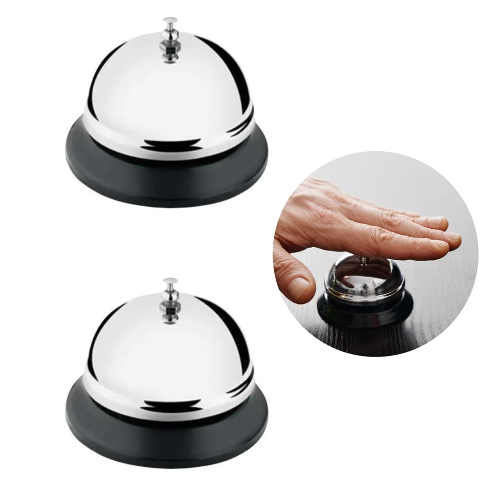Kit 2 Sino de Mesa Campainha de Mão Recepção Balcão Hotel em Metal p/ Atendimento Idosos Comércios