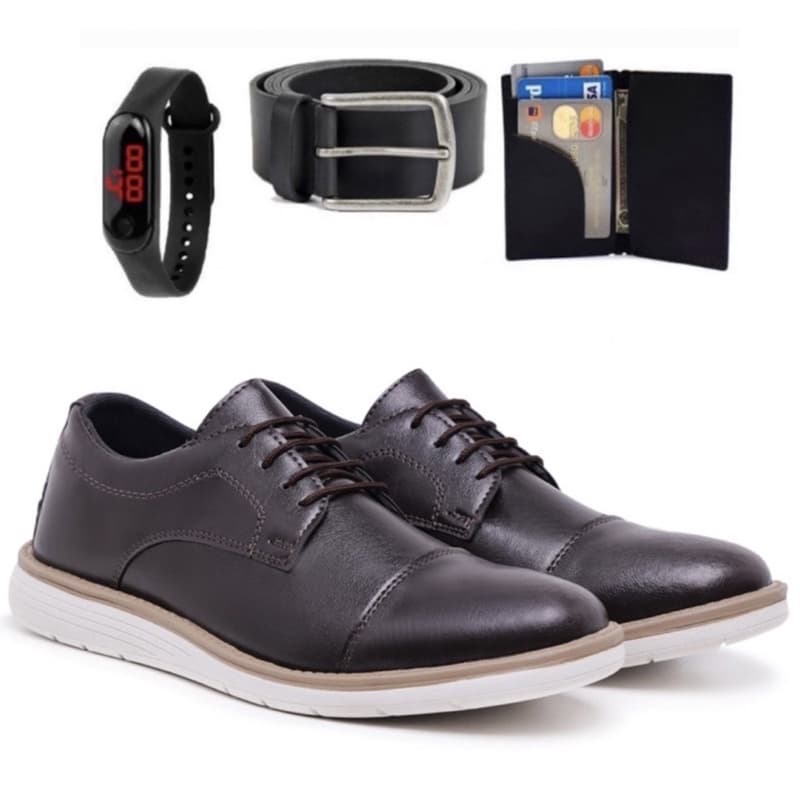 Sapato Oxford Masculino Elegante Moderno de Couro Genuíno Confort Com Palmilha Gel + Carteira Cinto e Relógio