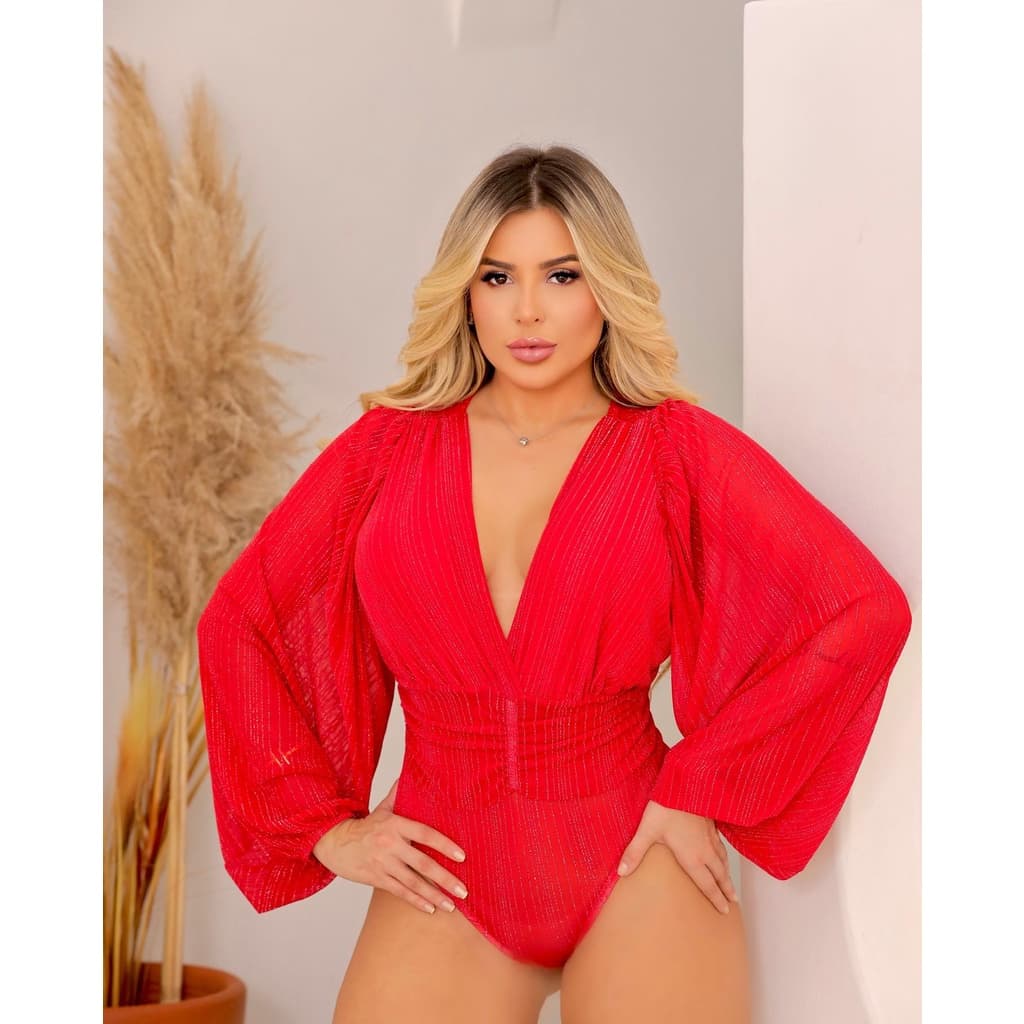 Body transpassado em tule e fios de lurex, body brilhoso, body manga longa princesa