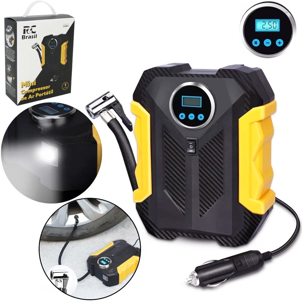 MINI COMPRESSOR DE AR PORTATIL AUTOMOTIVO 12V PLASTICO COM CALIBRADOR + LANTERNA