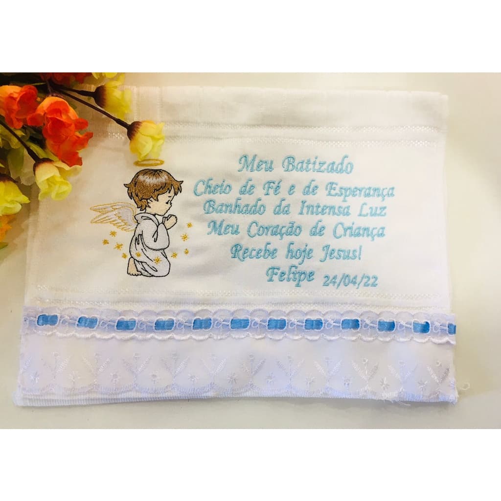 Toalha para batizado batismo eucaristia bordada e personalizada para lembrancinha e presente
