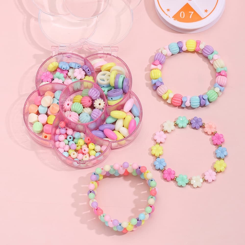 Kit Infantil Miçangas Coloridas para Pulseira Estojo de Flor