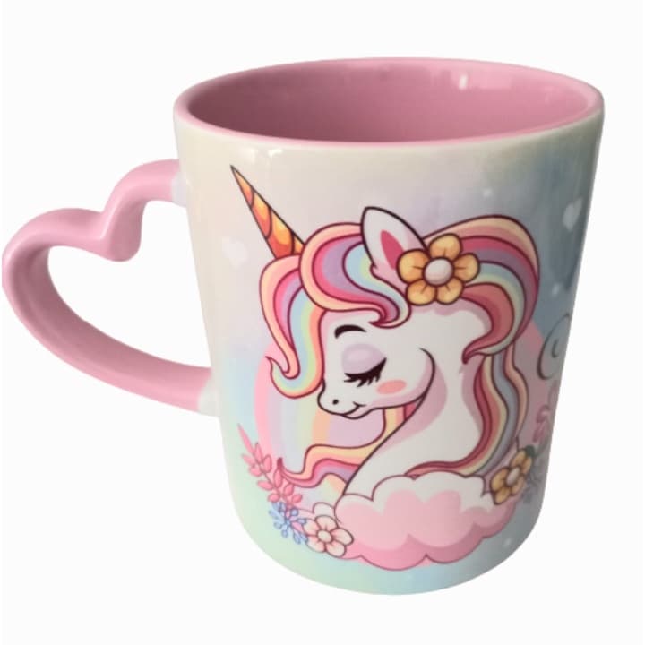 Caneca Unicórnio Alça De Coração Rosa Personalizada Com Nome