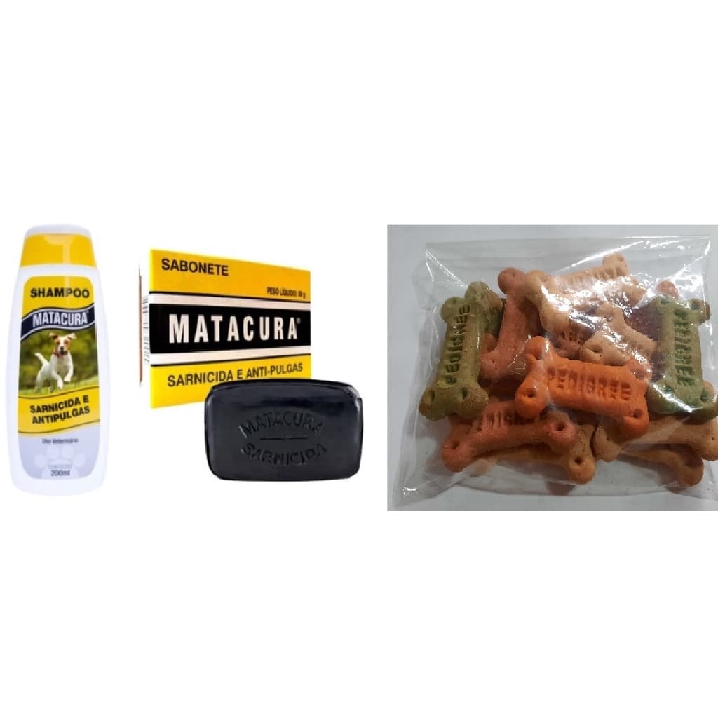 Shampoo Matacura + Sabonete Matacura + Petisco pedigree 100g Biscoito Biscrok