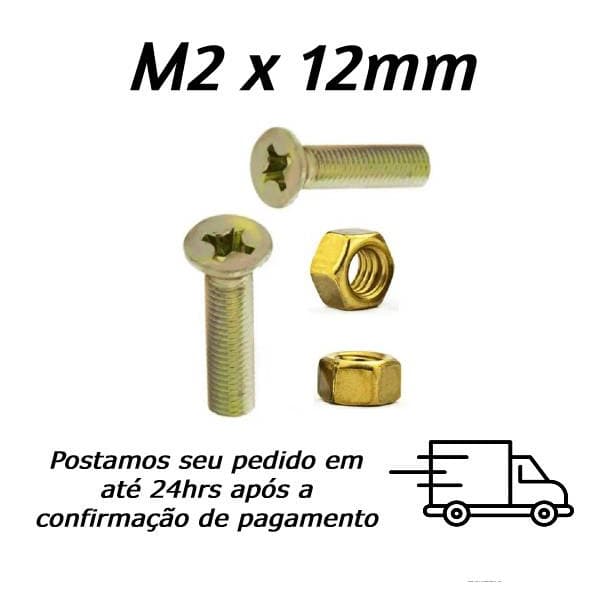 Kit Parafuso Phillips Cabeça Chata M2 X 12mm com Porca Sextavada Aço Bicromatizado