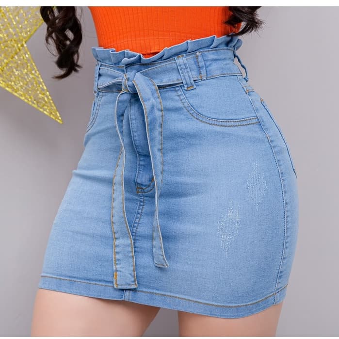 Saia Jeans Feminino Cintura Alta Com Lycra Levanta bumbum Com Cinto
