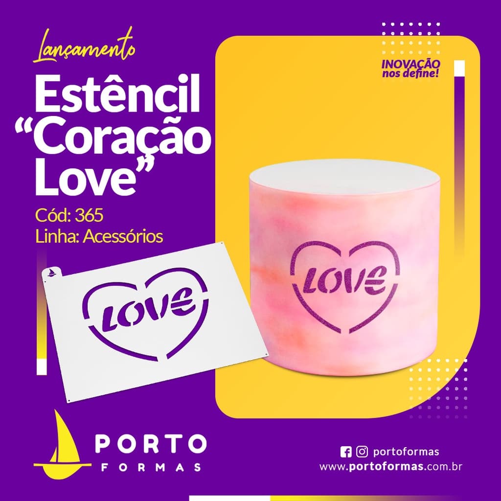 Estêncil Lateral De Bolo ou Topo De Bolo Coração Love - Porto Formas