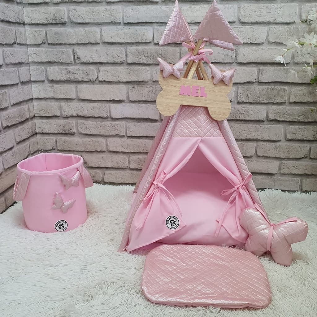 Cabana Kit Toca Rosa Courino Cachorro Gato Cesto Organizador Pet Oca