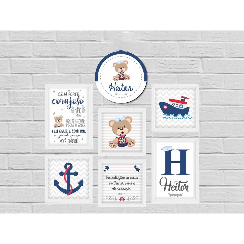 Kit Quadros e Porta Maternidade Decoração Ursinho Marinheiro