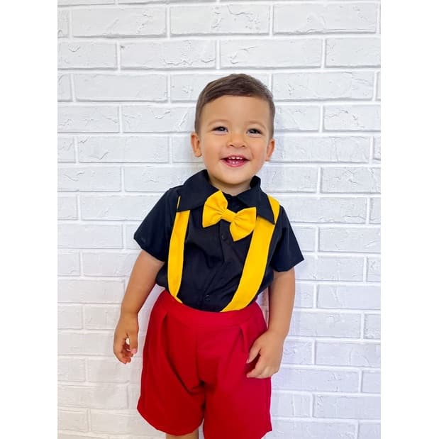 Mickey Mouse Fantasia Conjunto Social Camisa + Shorts + Suspensório + Gravata - Casamento Batizado Jardineira