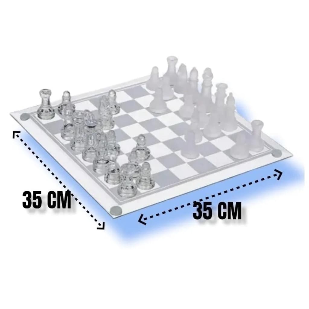 Jogo Xadrez Tabuleiro Peças Em Vidro Luxo Grande 35x35 cm